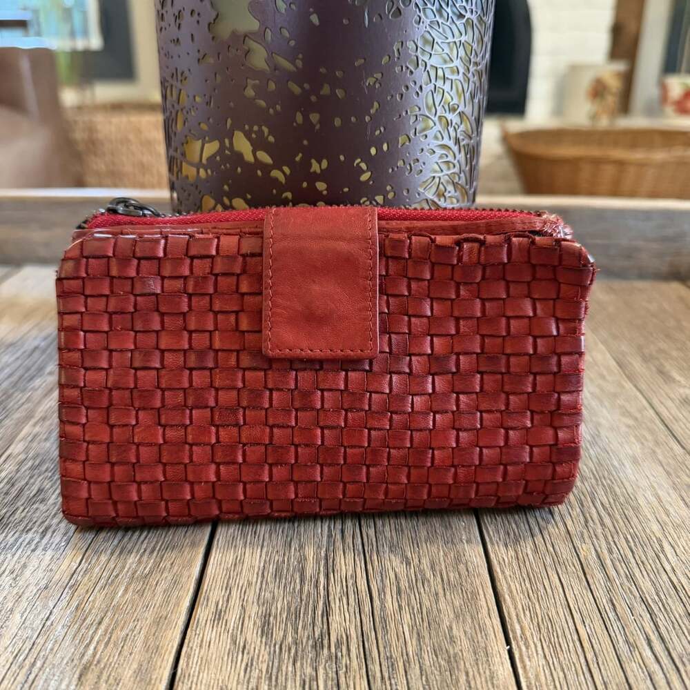 Ashwood Genuine Leather Red Woven Wallet Bifold Zip Around Women’s